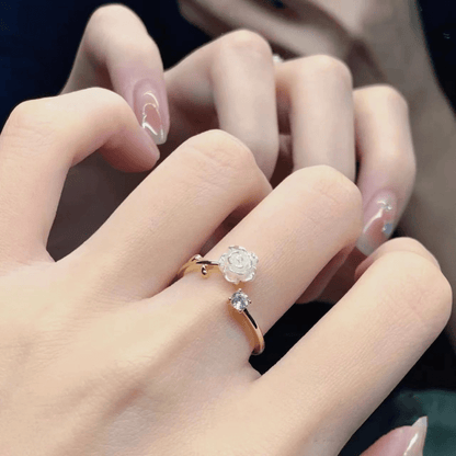 Camellia Flower Adjustable Open Ring with Synthetic Gems for Daily Charm