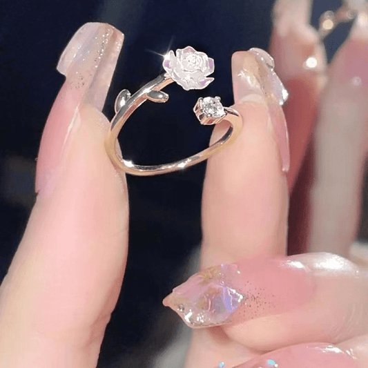 Camellia Flower Adjustable Open Ring with Synthetic Gems for Daily Charm
