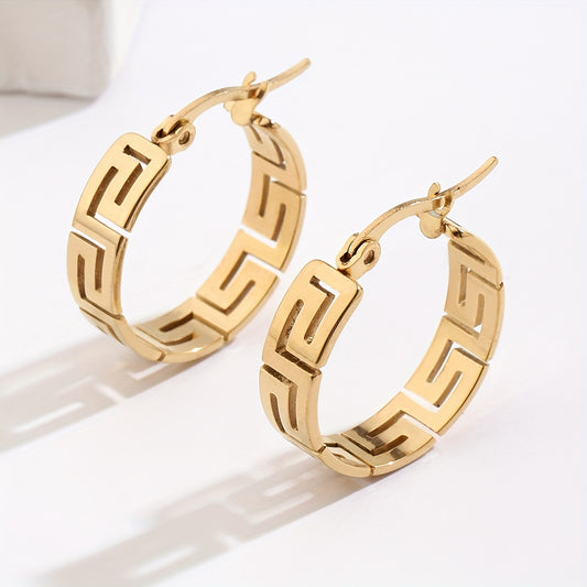 Vintage 18K Gold Plated Stainless Steel Hoop Earrings With Great Wall Design for Women