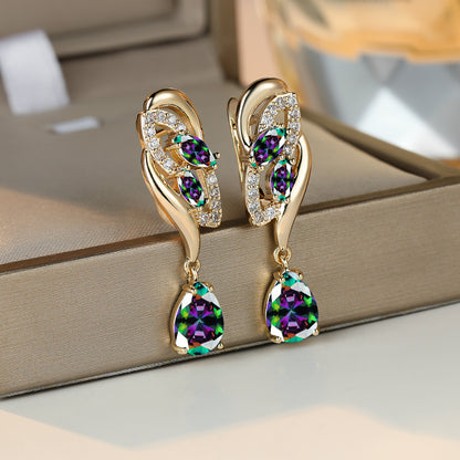 Angol Elegant Flower Dangle Earrings for Women with Golden-Tone Floral Design and Red Gemstones