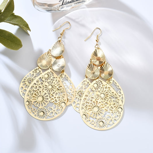 Elegant Vintage Hollow Waterdrop Earrings for Women - Multi-Layer Alloy Jewelry Gift Pair
