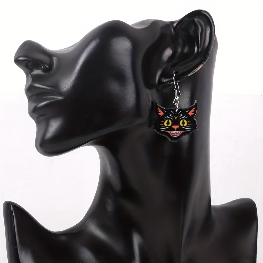 Black Cat Head Acrylic Dangle Earrings Unique Halloween Jewelry for Women