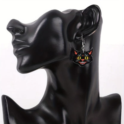 Black Cat Head Acrylic Dangle Earrings Unique Halloween Jewelry for Women