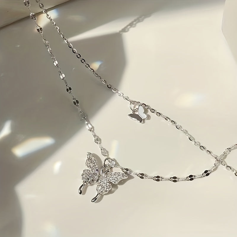 Y2K Silvery Rhinestone Butterfly Double Layer Necklace for Party and Gift