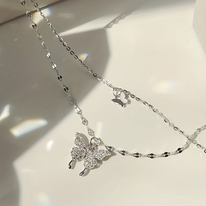 Y2K Silvery Rhinestone Butterfly Double Layer Necklace for Party and Gift
