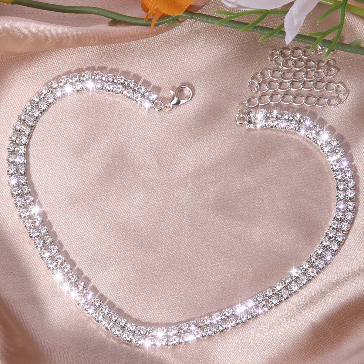 Women's Double Row Rhinestone Silver Plated Vintage Chain Necklace