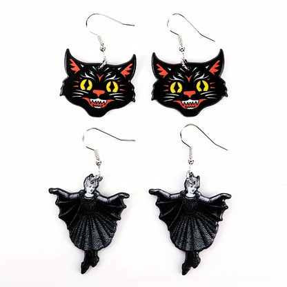 Black Cat Head Acrylic Dangle Earrings Unique Halloween Jewelry for Women