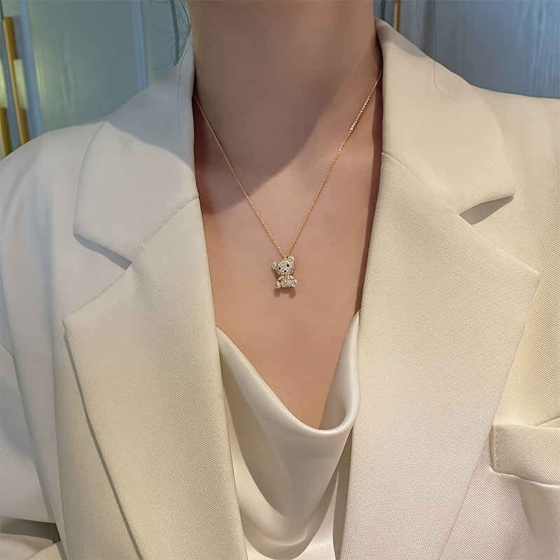 Vibrant Y2K Rhinestone Cartoon Bear Necklace for Women - Sparkling 24K Gold Plated Jewelry with Decorative Chain