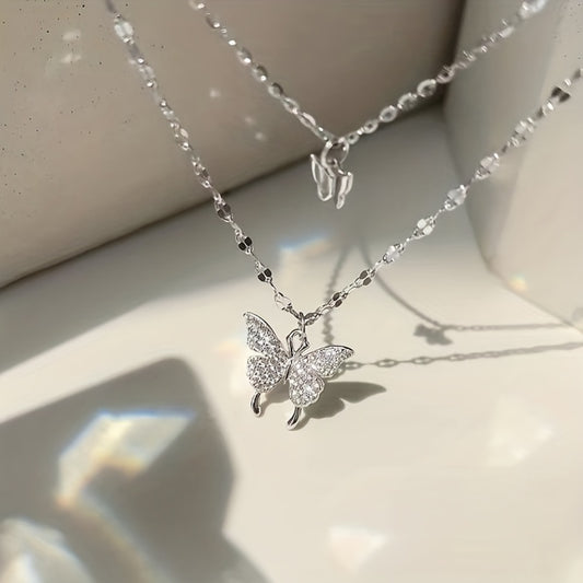 Y2K Silvery Rhinestone Butterfly Double Layer Necklace for Party and Gift