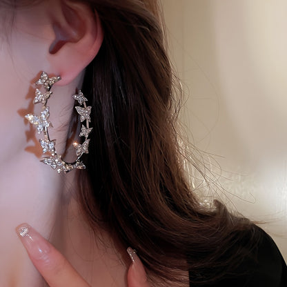 Sterling Silver Butterfly Hoop Earrings for Women - Elegant Statement Jewelry with Rhinestone Detail