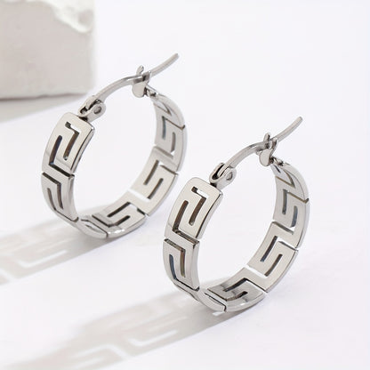 Vintage 18K Gold Plated Stainless Steel Hoop Earrings With Great Wall Design for Women