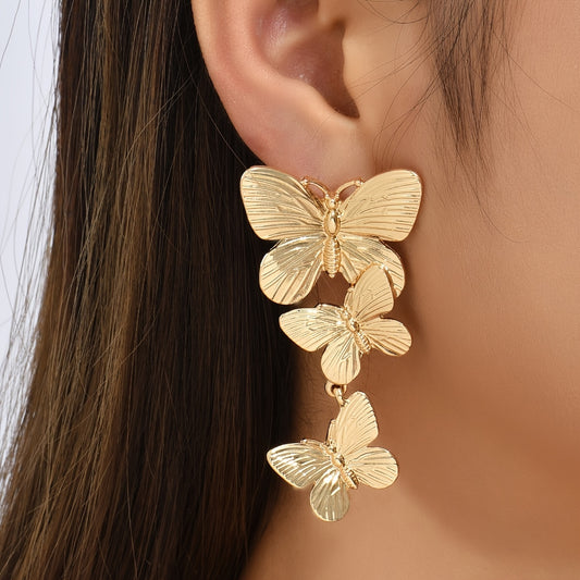 Golden Butterfly Earrings for Women - Large Gold Plated Dangling Jewelry with Unique Animal Design