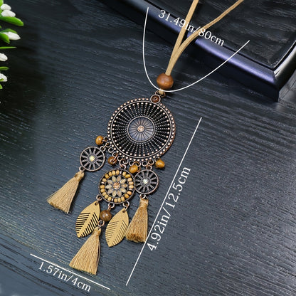 Brown Boho Pendant Necklace with Rhinestone Accents and Khaki Tassel Chain
