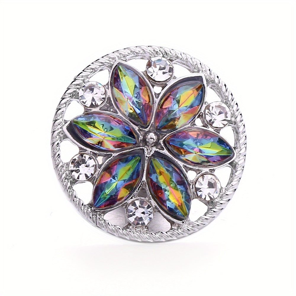 Elegant 18mm Alloy Flower Snap Button with Colorful Rhinestones for DIY Jewelry Crafting
