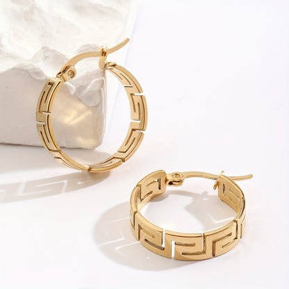 Vintage 18K Gold Plated Stainless Steel Hoop Earrings With Great Wall Design for Women
