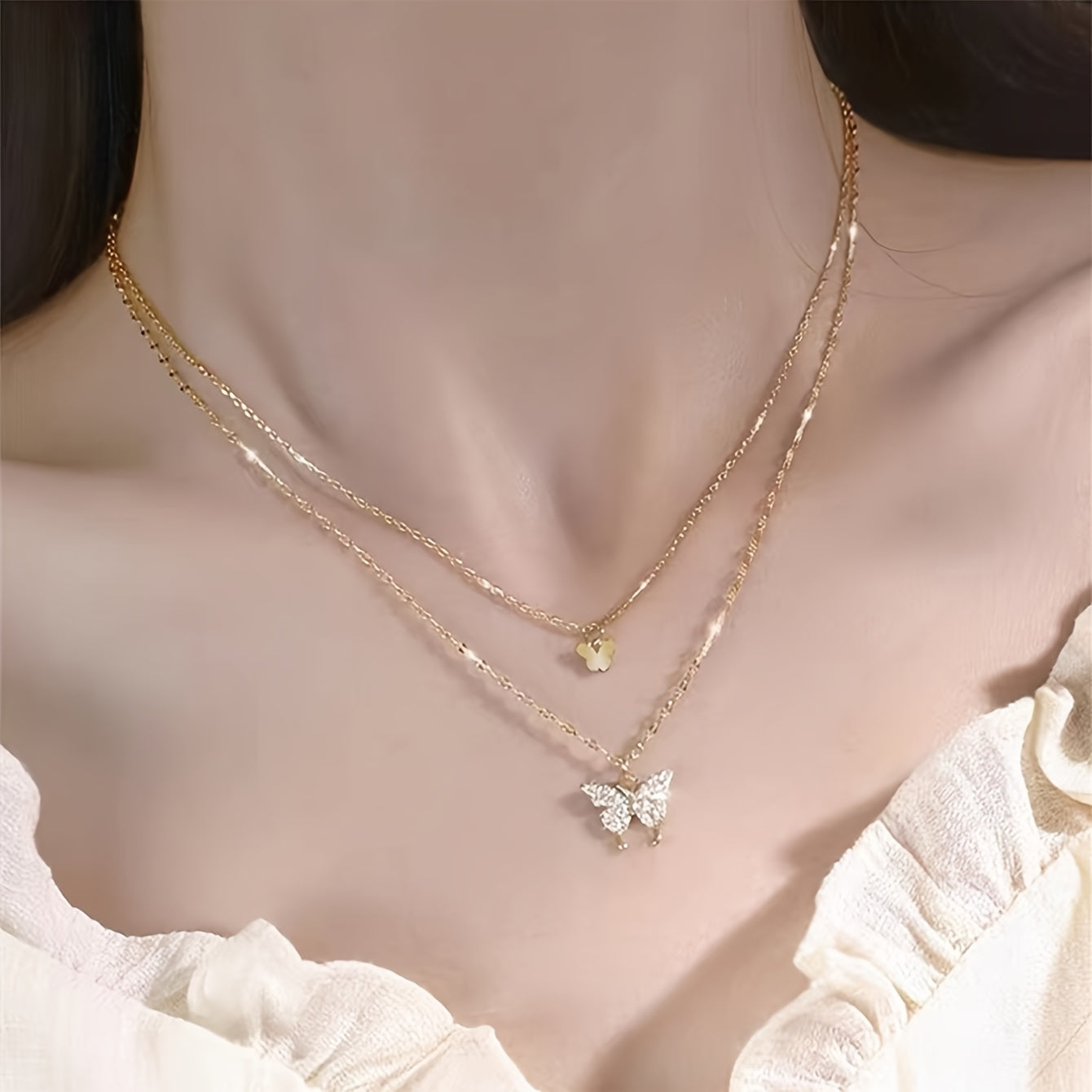 Y2K Silvery Rhinestone Butterfly Double Layer Necklace for Party and Gift