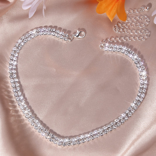 Women's Double Row Rhinestone Silver Plated Vintage Chain Necklace