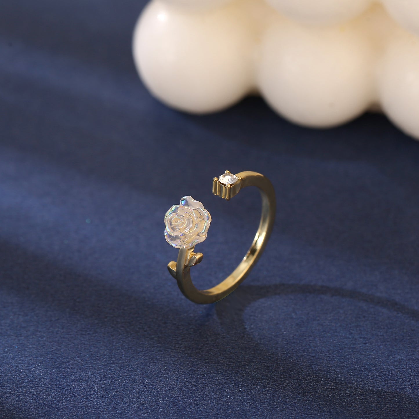 Camellia Flower Adjustable Open Ring with Synthetic Gems for Daily Charm