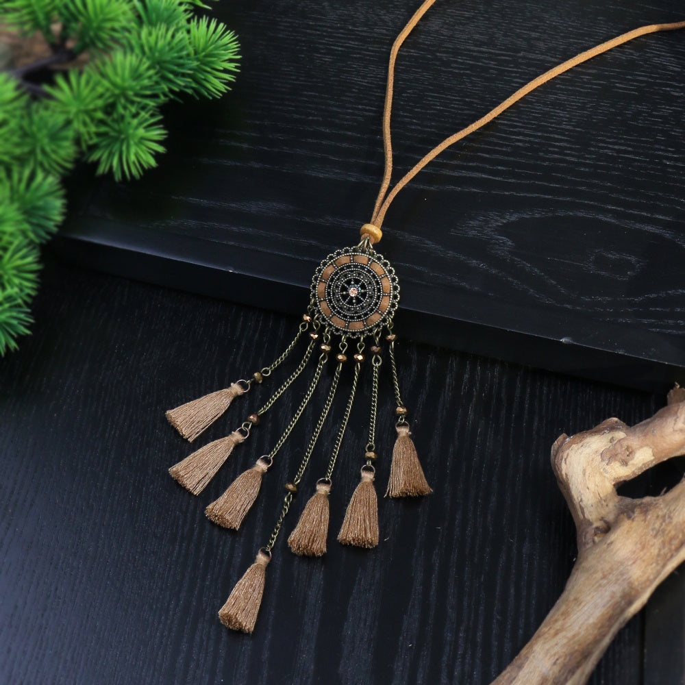 Brown Boho Pendant Necklace with Rhinestone Accents and Khaki Tassel Chain