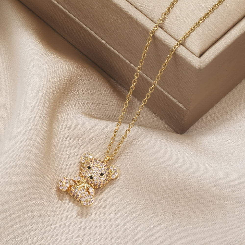 Vibrant Y2K Rhinestone Cartoon Bear Necklace for Women - Sparkling 24K Gold Plated Jewelry with Decorative Chain