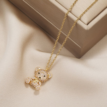 Vibrant Y2K Rhinestone Cartoon Bear Necklace for Women - Sparkling 24K Gold Plated Jewelry with Decorative Chain