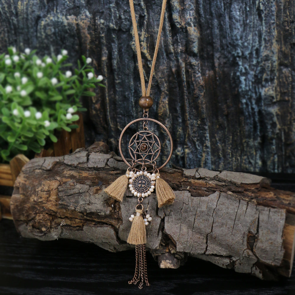 Brown Boho Pendant Necklace with Rhinestone Accents and Khaki Tassel Chain