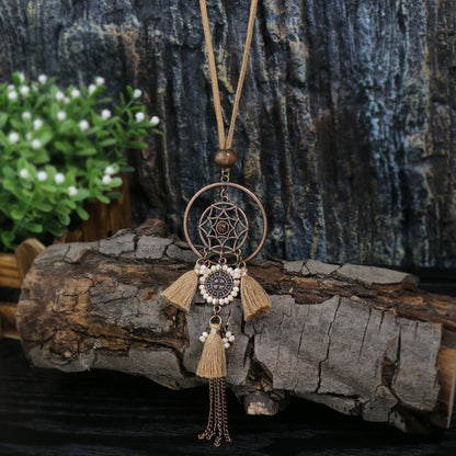 Brown Boho Pendant Necklace with Rhinestone Accents and Khaki Tassel Chain