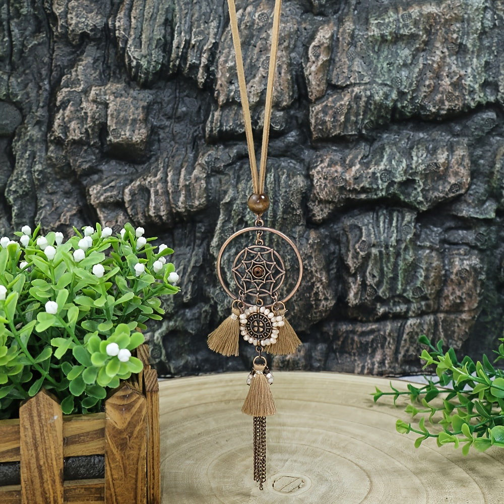 Brown Boho Pendant Necklace with Rhinestone Accents and Khaki Tassel Chain