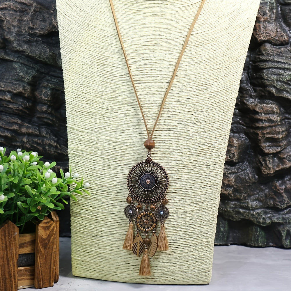 Brown Boho Pendant Necklace with Rhinestone Accents and Khaki Tassel Chain