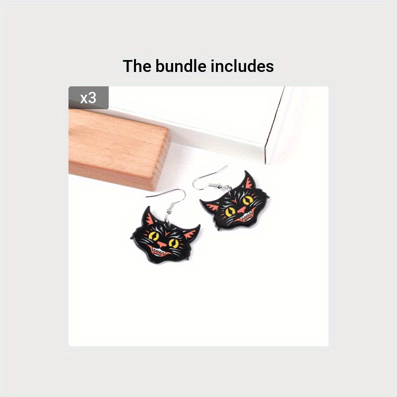 Black Cat Head Acrylic Dangle Earrings Unique Halloween Jewelry for Women