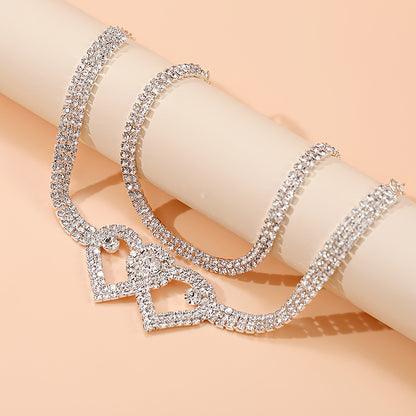 Trendy Double Heart Rhinestone Anklets Set for Elegant Party and Wedding Wear