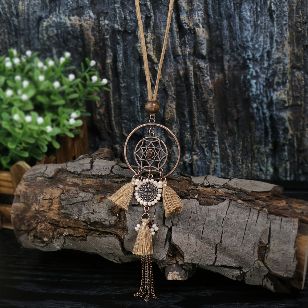 Brown Boho Pendant Necklace with Rhinestone Accents and Khaki Tassel Chain