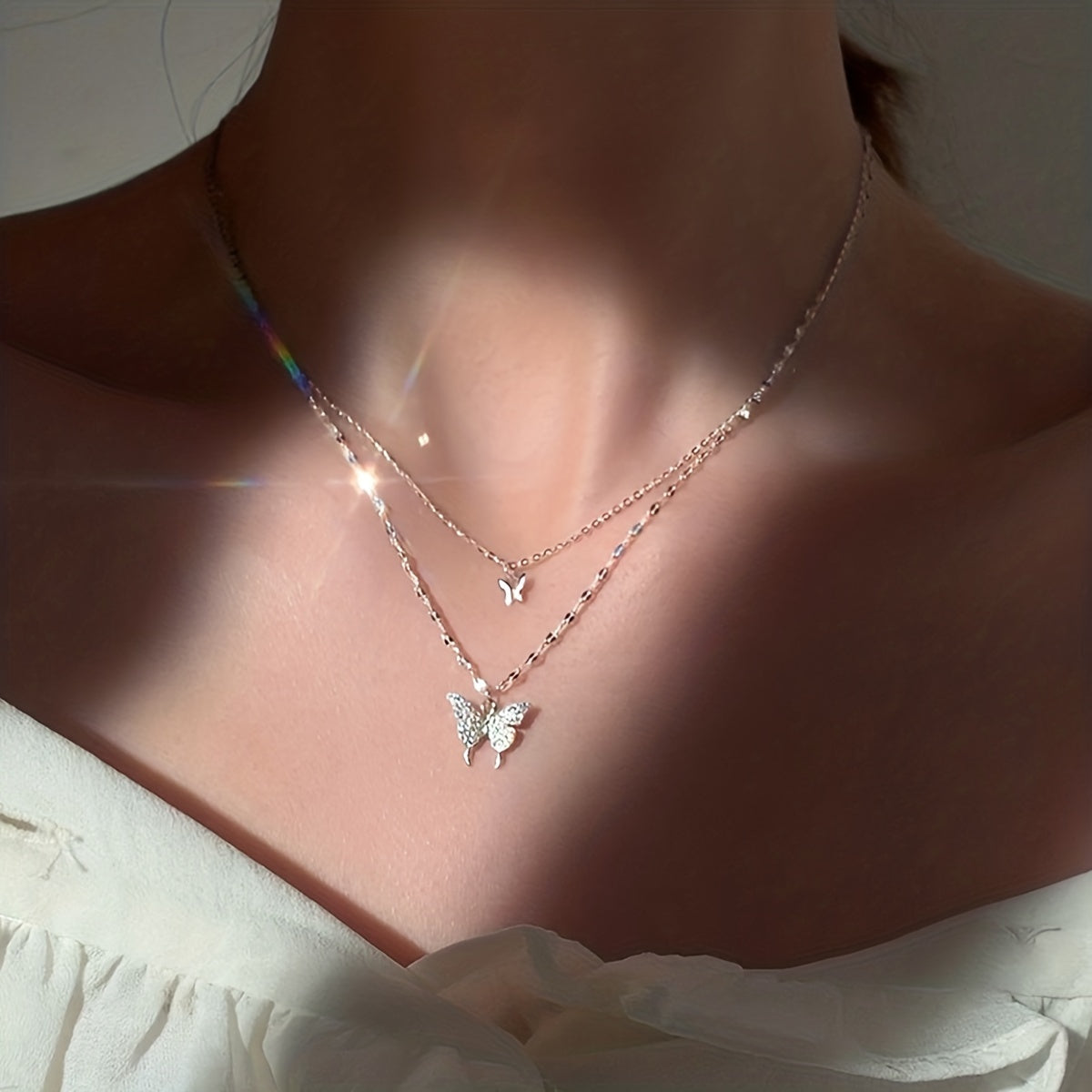 Y2K Silvery Rhinestone Butterfly Double Layer Necklace for Party and Gift
