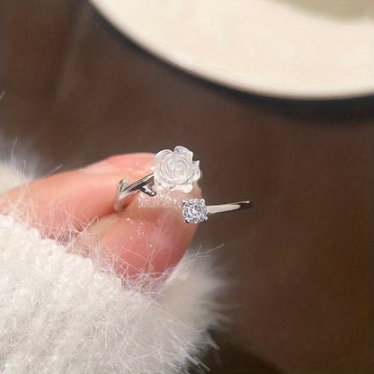 Camellia Flower Adjustable Open Ring with Synthetic Gems for Daily Charm