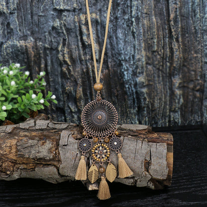 Brown Boho Pendant Necklace with Rhinestone Accents and Khaki Tassel Chain