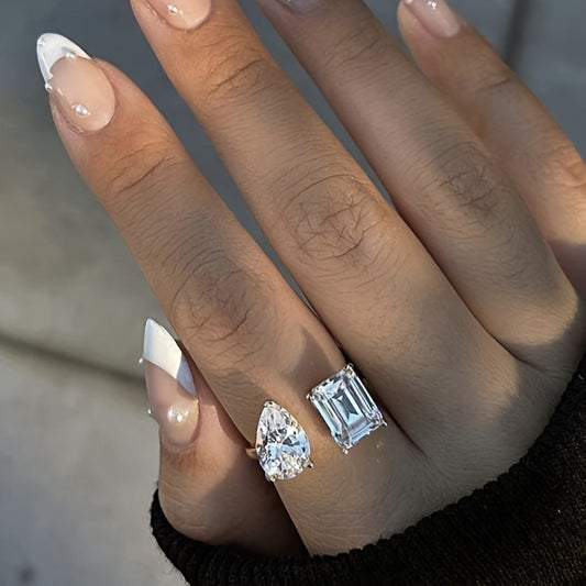 Elegant Geometric Zircon Square Open Ring for Women 925 Silver Plated