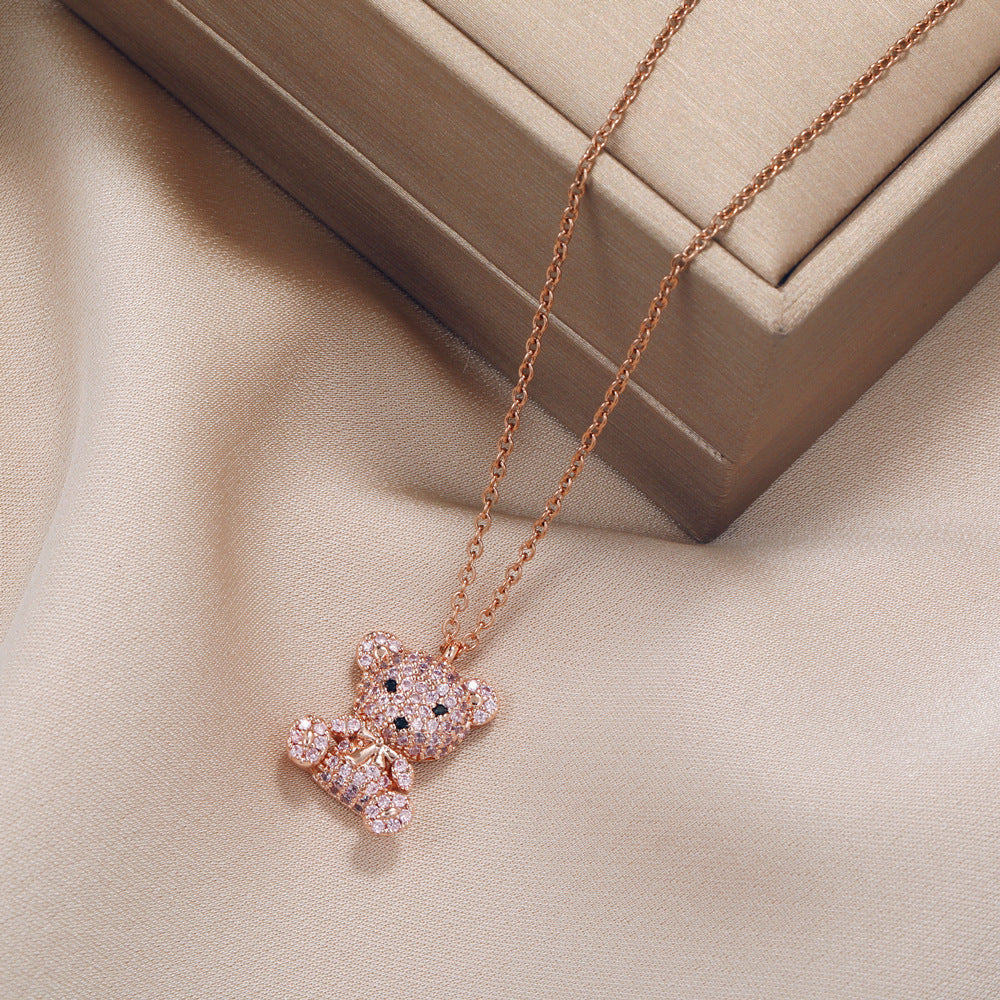 Vibrant Y2K Rhinestone Cartoon Bear Necklace for Women - Sparkling 24K Gold Plated Jewelry with Decorative Chain