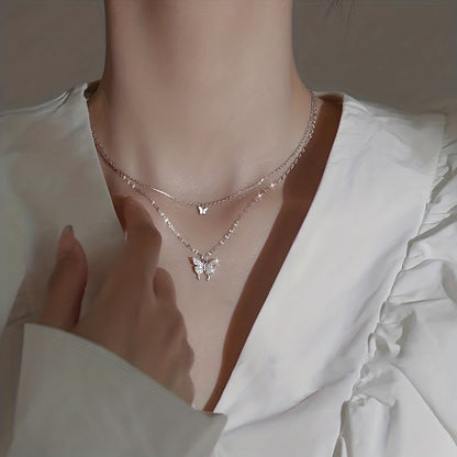 Y2K Silvery Rhinestone Butterfly Double Layer Necklace for Party and Gift