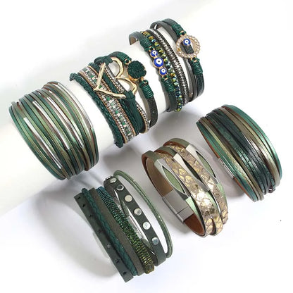 Bohemian Evil Eye Heart Charm Multilayer Dark Green Leather Bracelet for Women