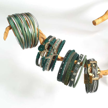 Bohemian Evil Eye Heart Charm Multilayer Dark Green Leather Bracelet for Women