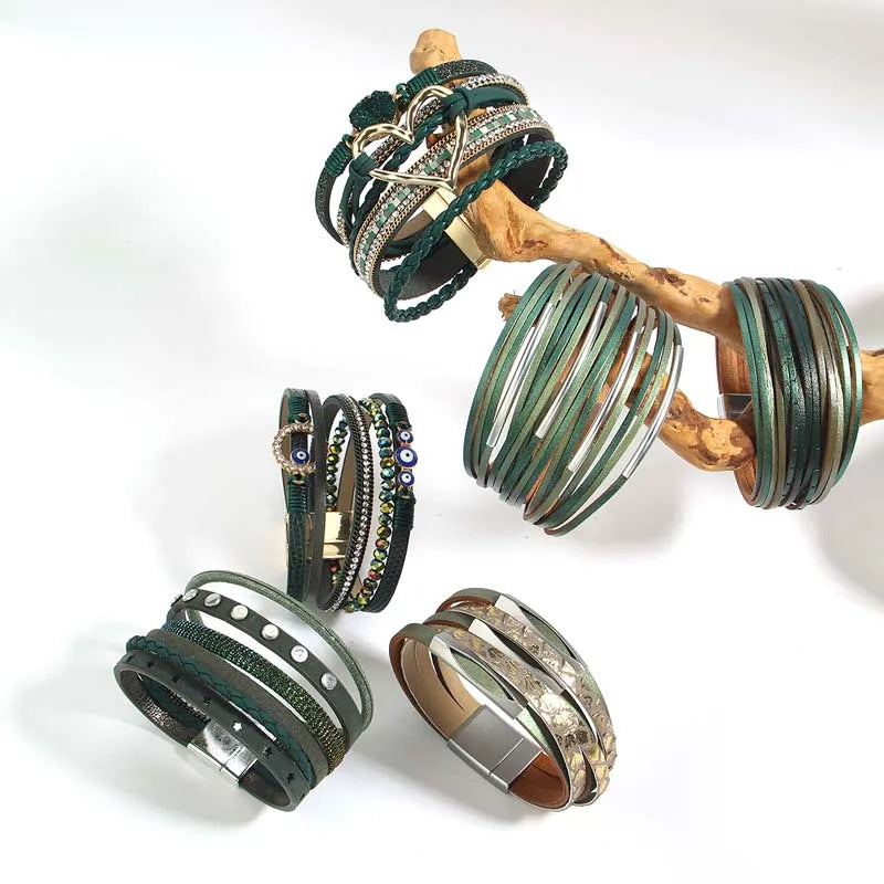 Bohemian Evil Eye Heart Charm Multilayer Dark Green Leather Bracelet for Women