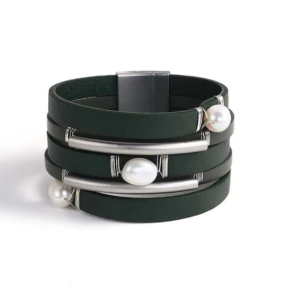 Bohemian Evil Eye Heart Charm Multilayer Dark Green Leather Bracelet for Women
