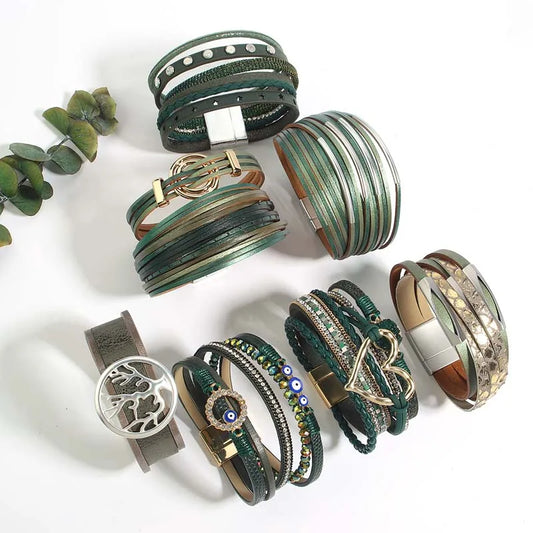 Bohemian Evil Eye Heart Charm Multilayer Dark Green Leather Bracelet for Women