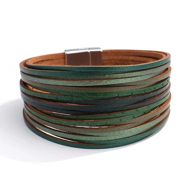 Bohemian Evil Eye Heart Charm Multilayer Dark Green Leather Bracelet for Women