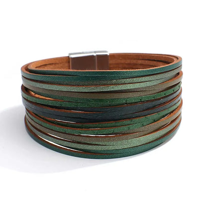 Bohemian Evil Eye Heart Charm Multilayer Dark Green Leather Bracelet for Women