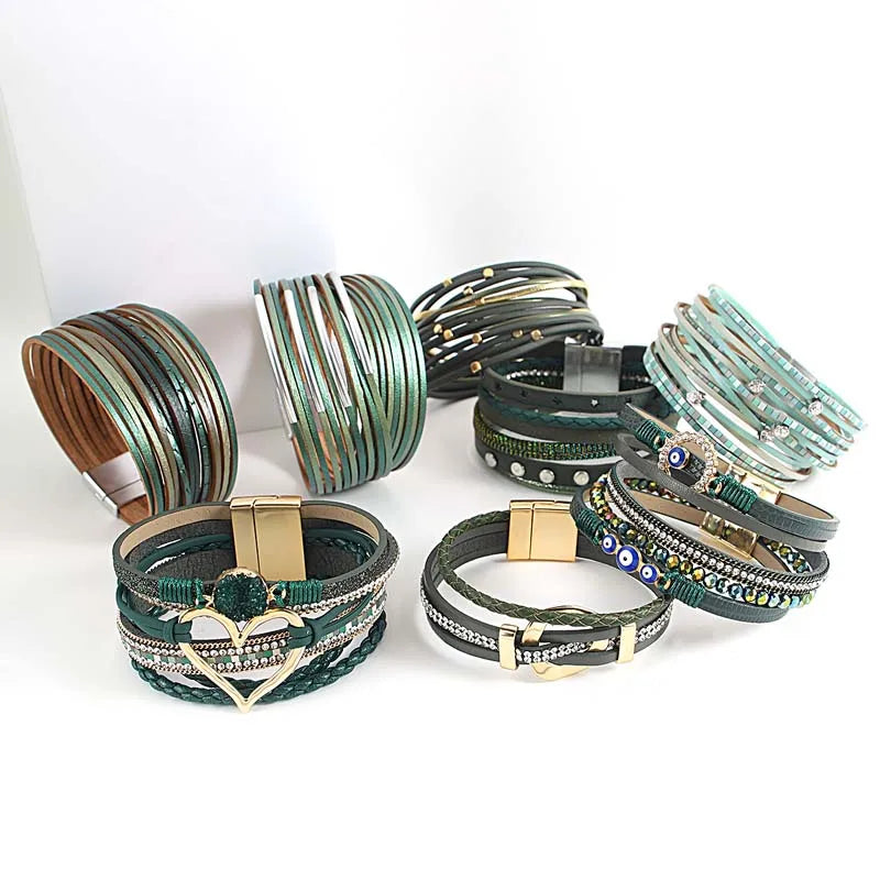 Bohemian Evil Eye Heart Charm Multilayer Dark Green Leather Bracelet for Women