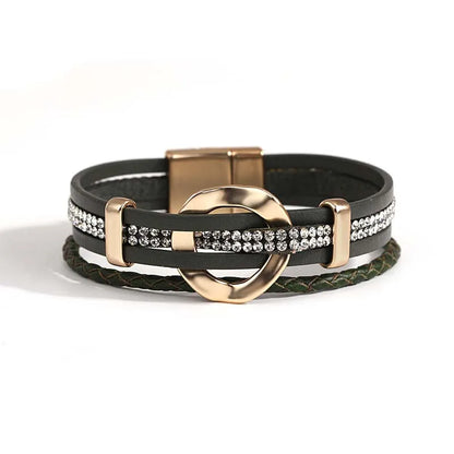 Bohemian Evil Eye Heart Charm Multilayer Dark Green Leather Bracelet for Women