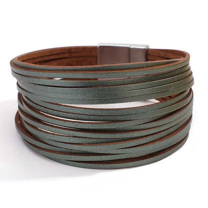 Bohemian Evil Eye Heart Charm Multilayer Dark Green Leather Bracelet for Women