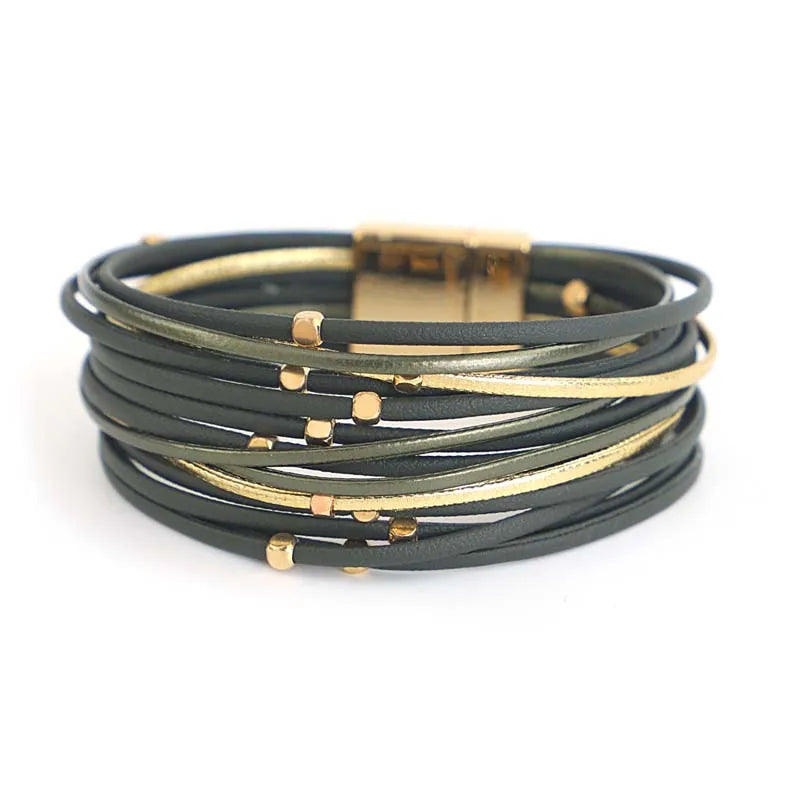 Bohemian Evil Eye Heart Charm Multilayer Dark Green Leather Bracelet for Women