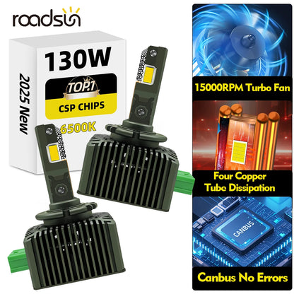 D1S D2S D3S D4S D5S Turbo LED Headlight Bulbs 60000LM 6500K White Canbus Plug and Play with Double Copper Tube 2PCS